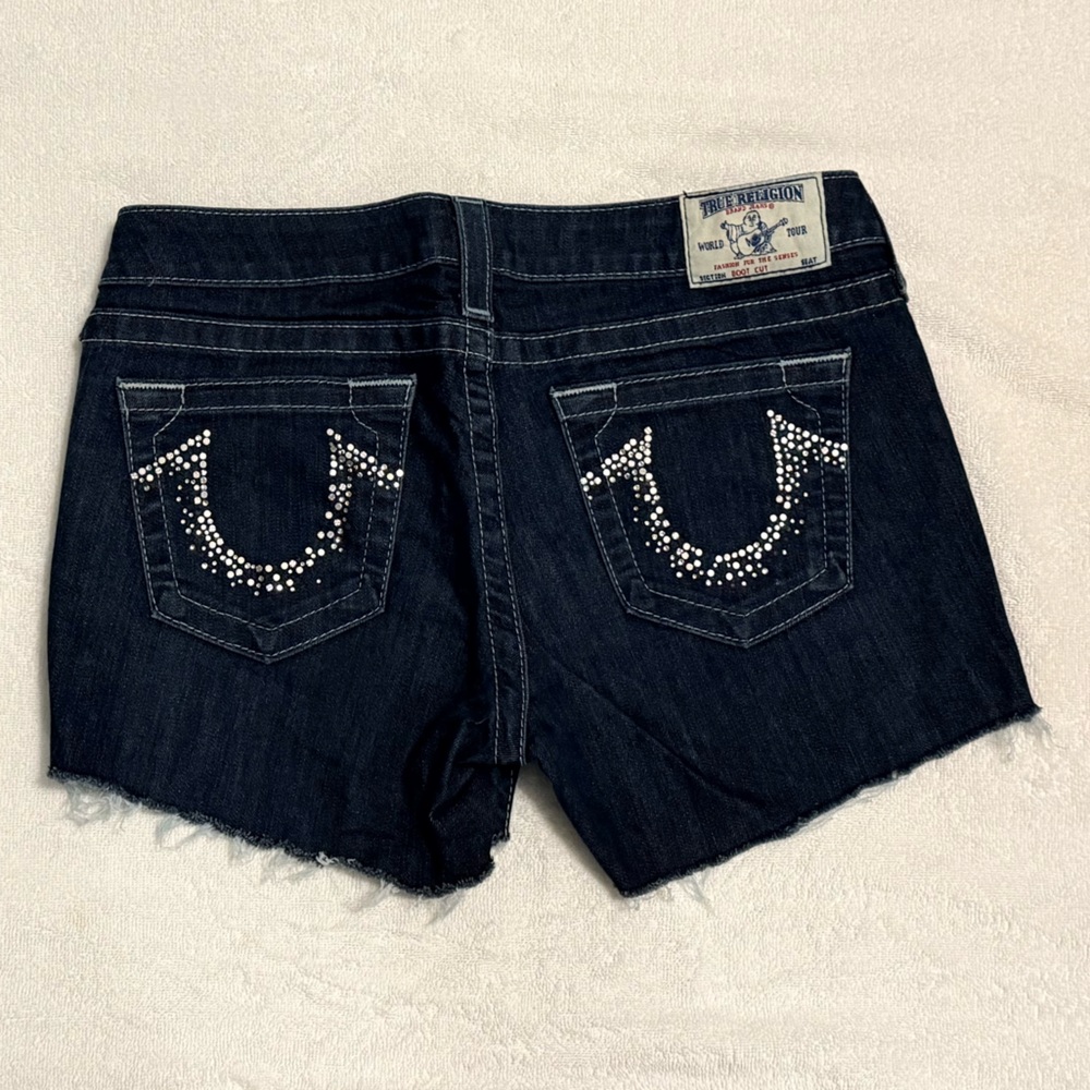 True Religion Dark blue Denim cut off Shorts with Rhinestone Accents 29